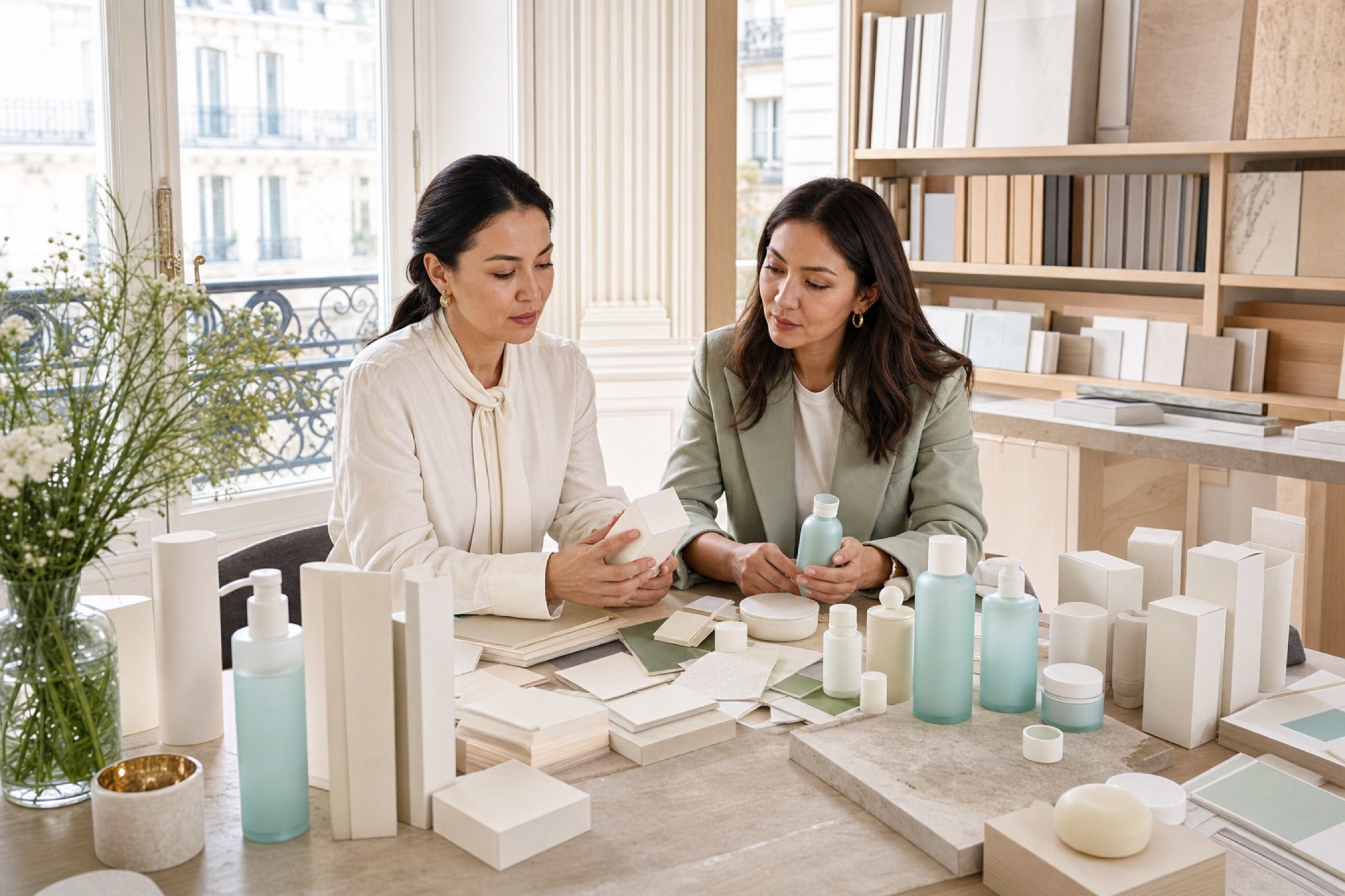 Fictional adult Central Asian professionals reviewing personal-care packaging samples in a French-inspired studio
