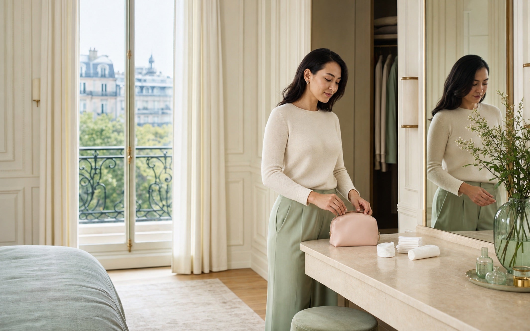 Fictional adult Central Asian model in a discreet French-inspired feminine-care campaign scene