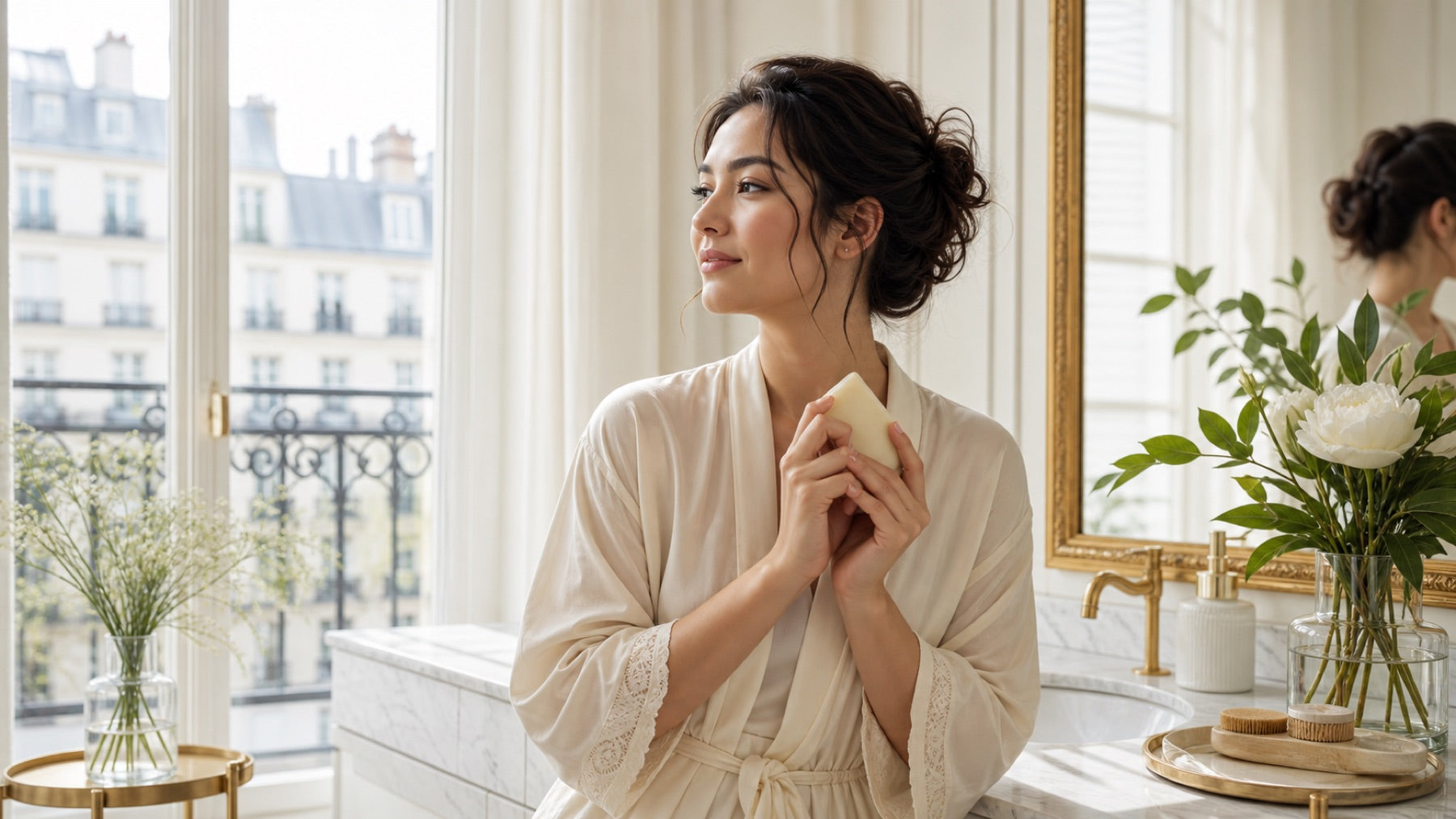 Fictional adult Central Asian woman in a French-inspired SAULEM care ritual